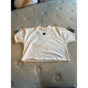 Adidas Women's White Cropped T-Shirt Black Stripes Logo Short Sleeve Size Medium